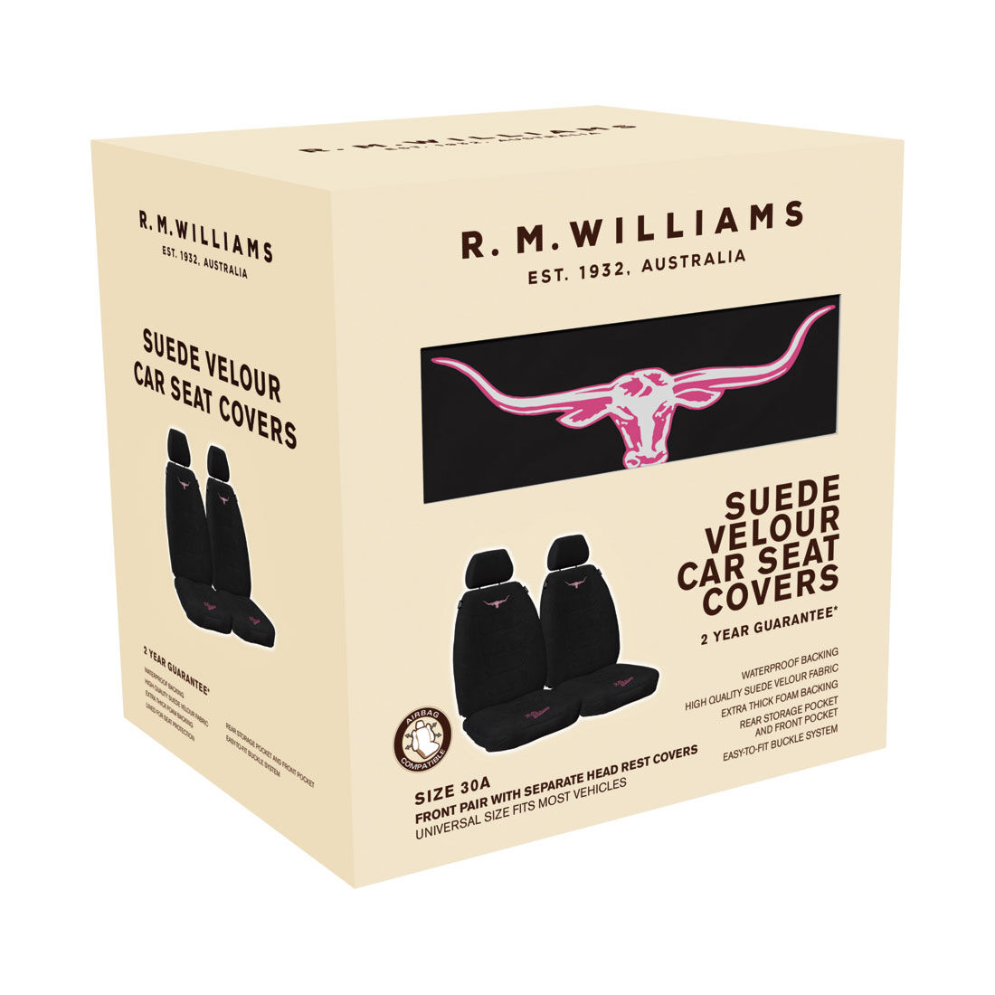 R.M.Williams Jillaroo Suede Velour Seat Covers Black/Pink Adjustable Headrests Size 30 Front Pair Airbag Compatible, , scaau_hi-res