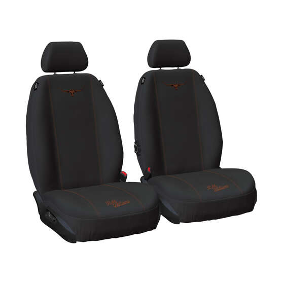 R.M.Williams Tan Poly Canvas Seat Covers, Black/Tan, Adjustable Headrests, Airbag Compatible, , scaau_hi-res