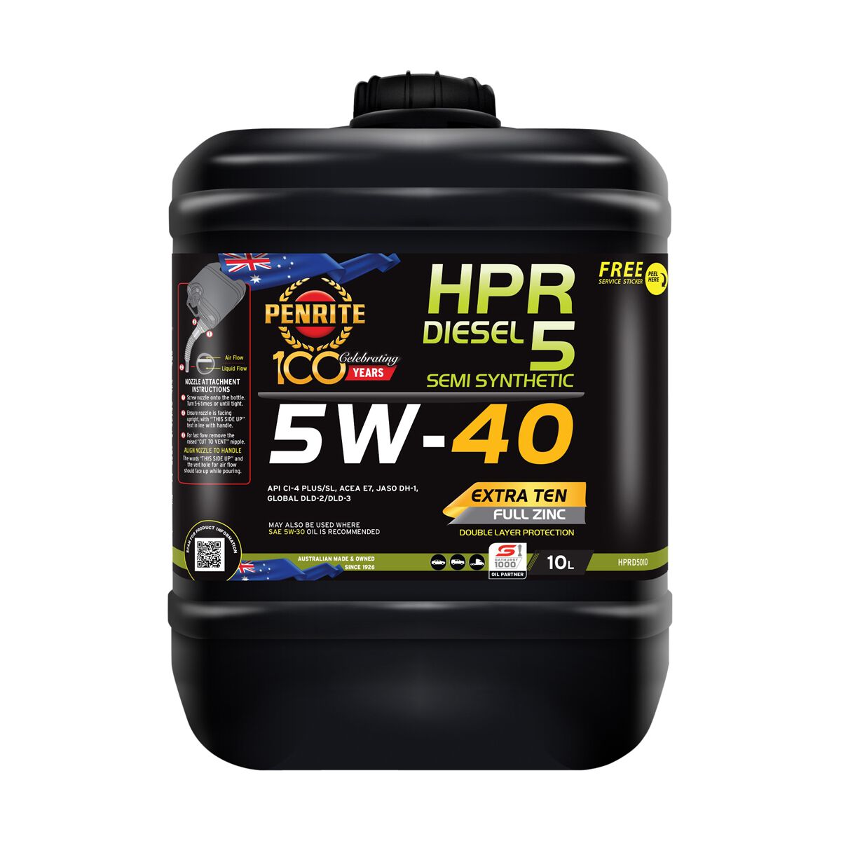 Penrite HPR Diesel 5 Engine Oil - 5W-40, 10 Litre, , scaau_hi-res