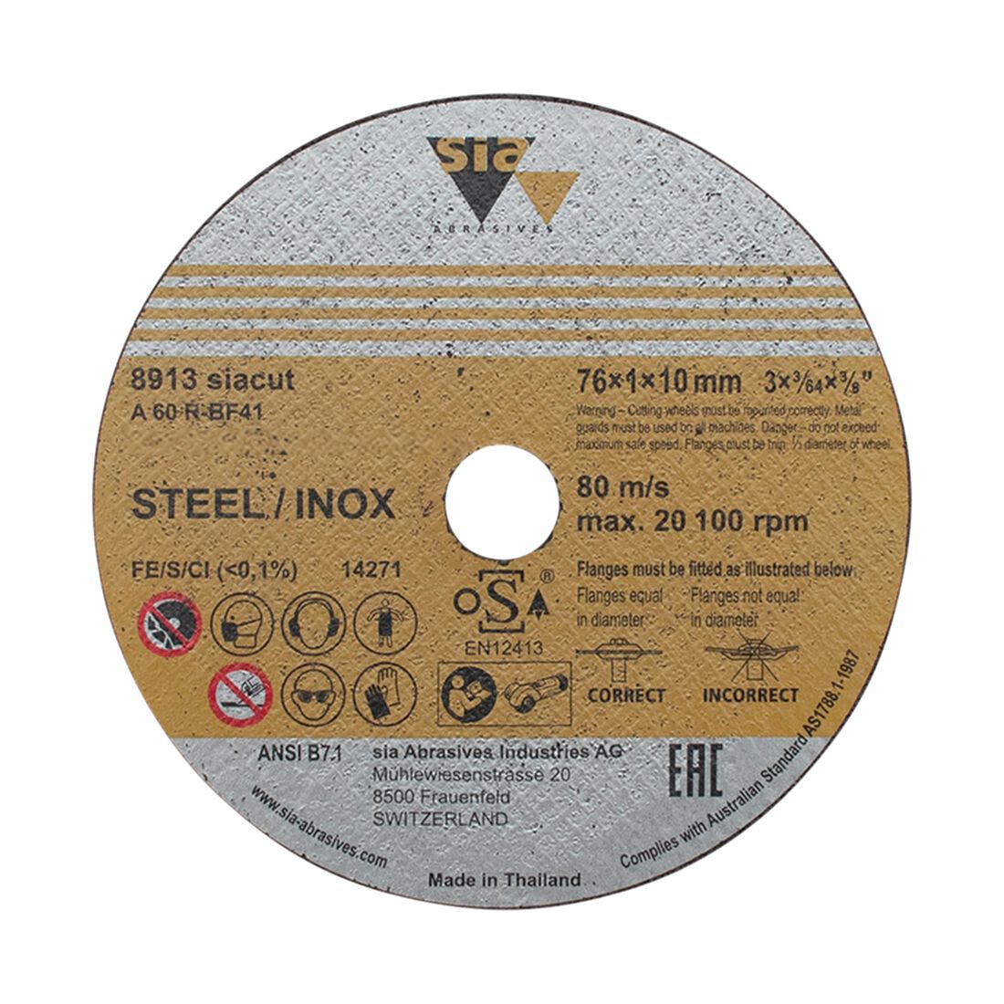 SIA Abrasives Metal Cutting Disc, 8913 Series, 76X1X10mm, Inox/Steel Bonded, 5 Pack, , scaau_hi-res