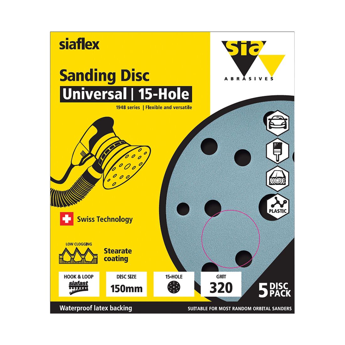 SIA Abrasives 150mm Wet & Dry Sanding Disc, 1948 Series, 8 Hole, 320 Grit, 5 Pack, , scaau_hi-res