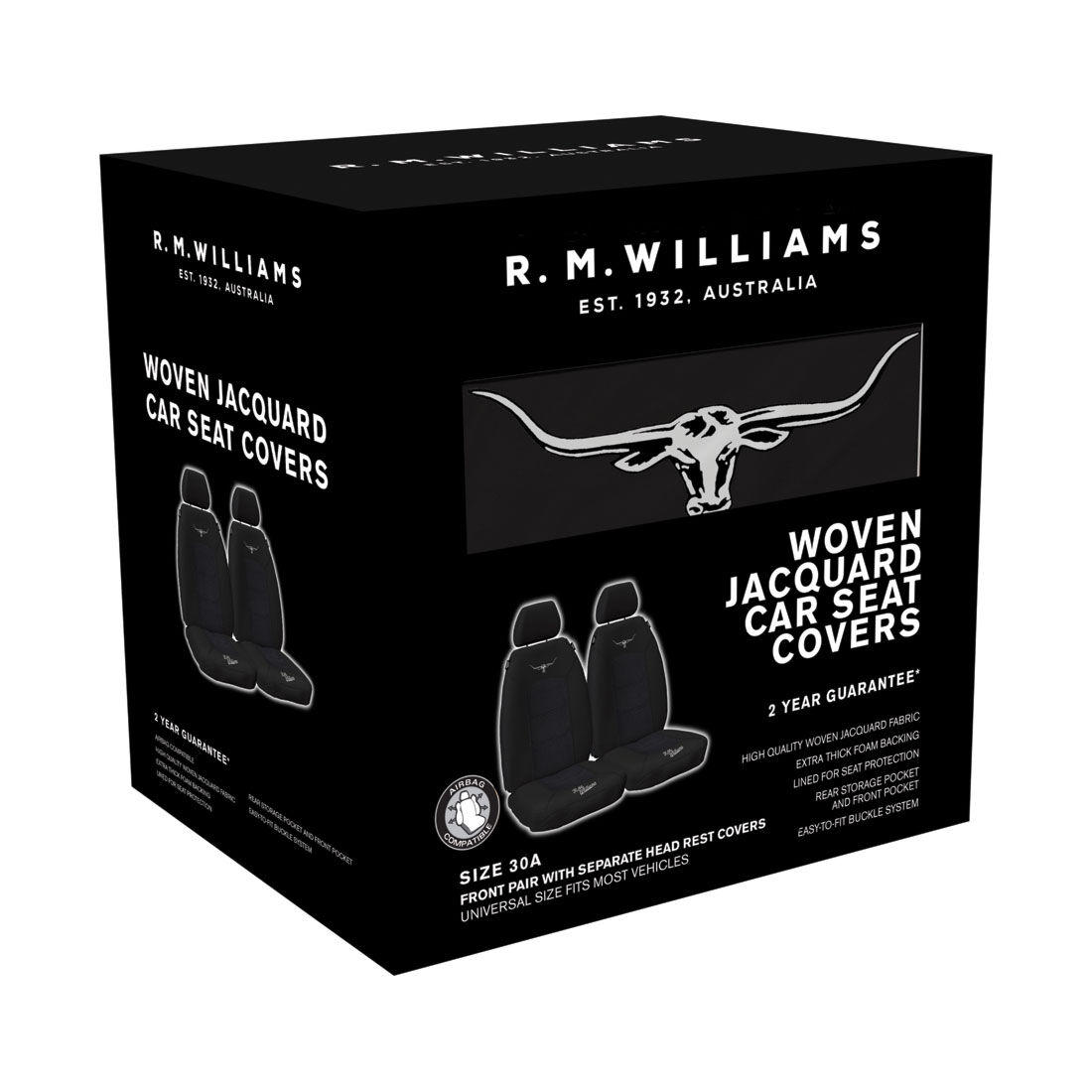 R.M.Williams Woven Seat Covers Black Adjustable Headrests Size 30 Front Pair Airbag Compatible, , scaau_hi-res