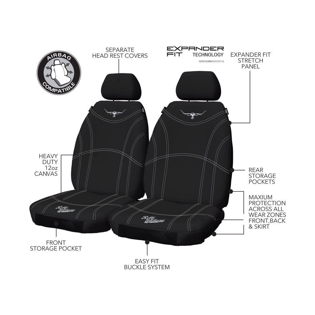 R.M.Williams Canvas Seat Cover Black Adjustable Headrests Size 30 Front Pair Airbag Compatible, , scaau_hi-res