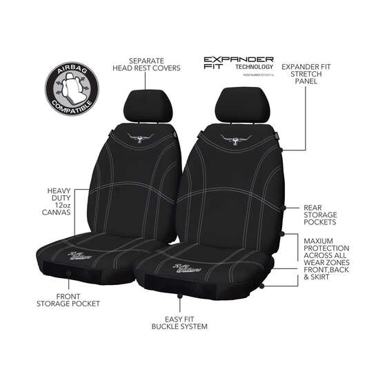 R.M. Williams Canvas Seat Cover Black Adjustable Headrests Size 30 Front Pair Airbag Compatible, , scaau_hi-res