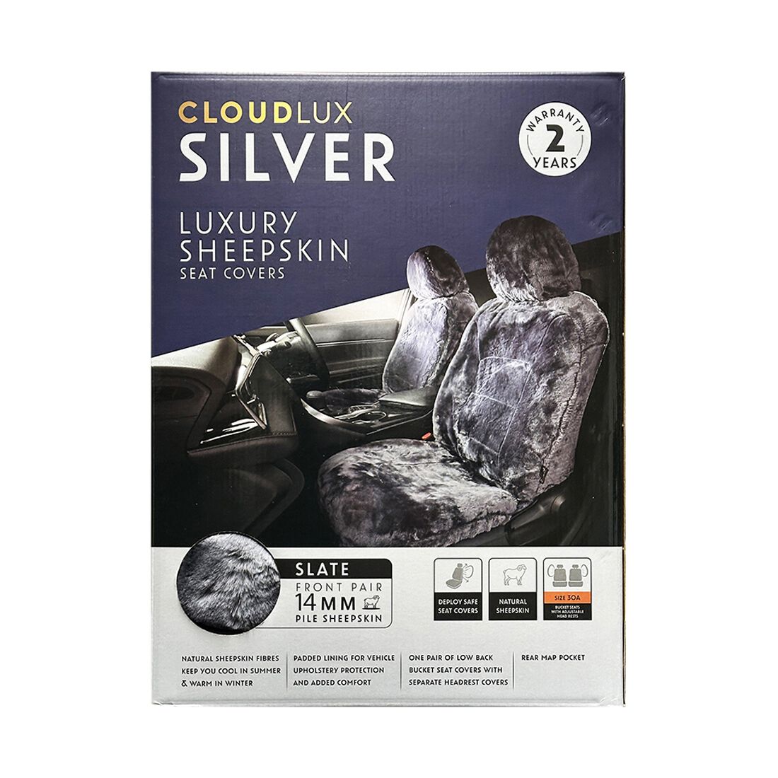 Silver CLOUDLUX Sheepskin Seat Covers - Slate Adjustable Headrests Size 30 Airbag Compatible, , scaau_hi-res