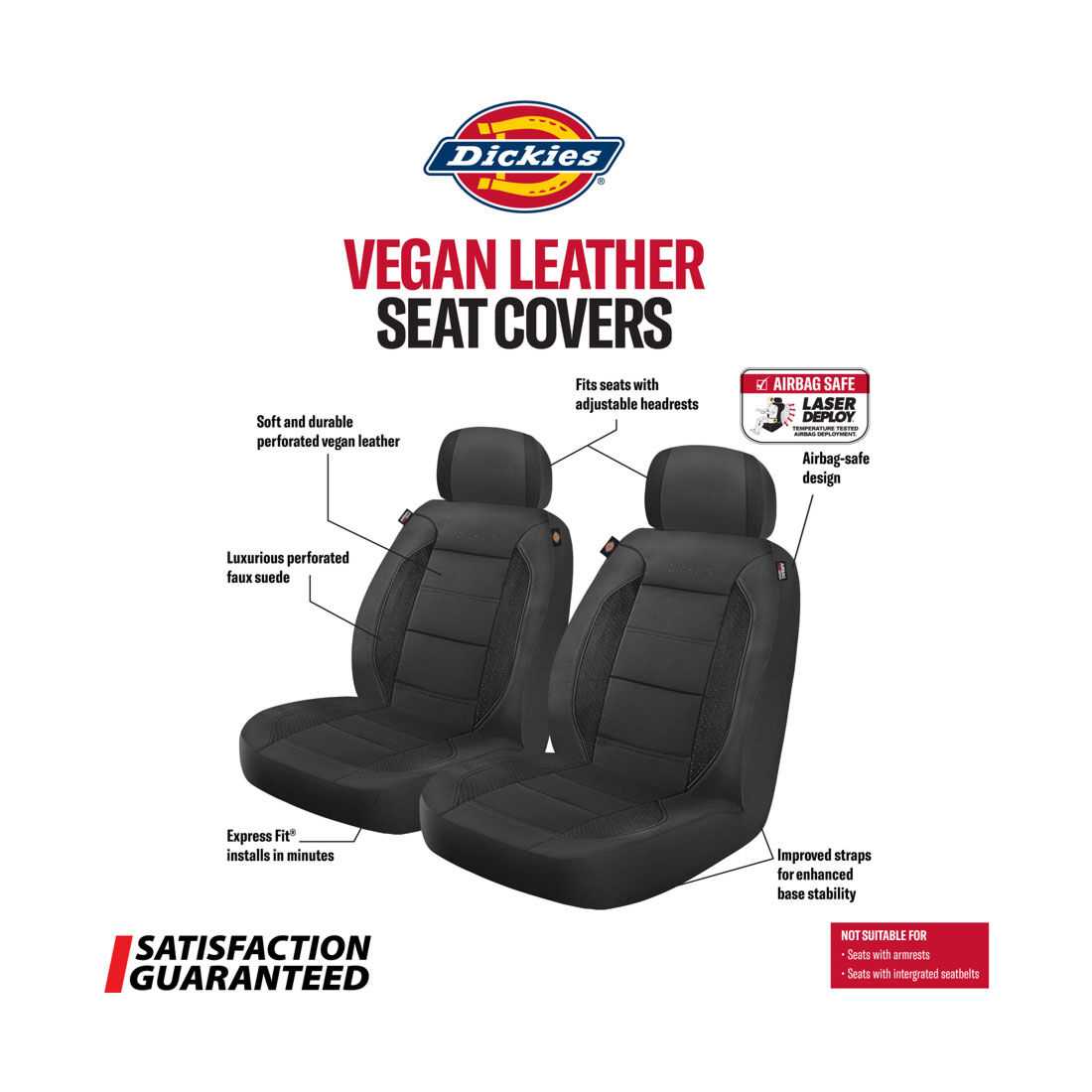 Dickies Premium Leather Look & Suede Seat Covers Black Adjustable Headrests Airbag Compatible, , scaau_hi-res