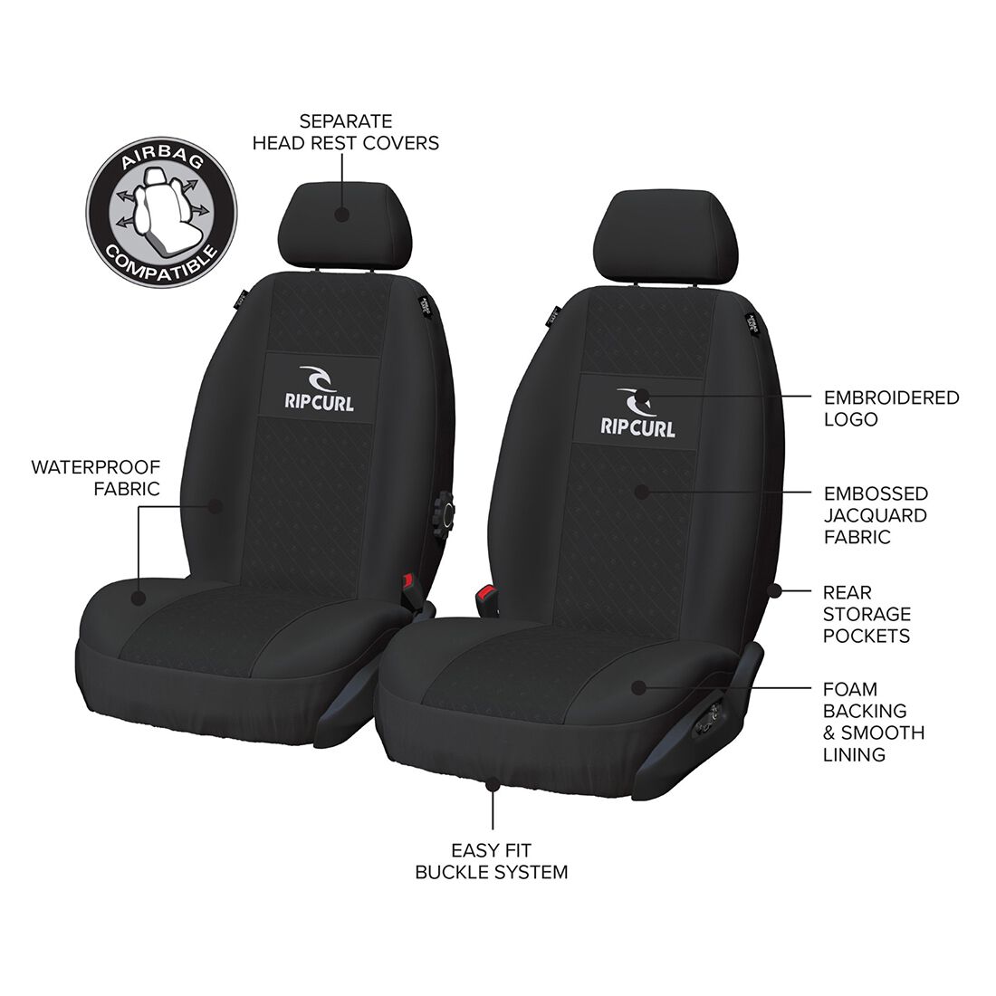 Rip Curl Jacquard Seat Covers Adjustable Headrests Airbag Compatible, , scaau_hi-res