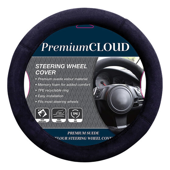 Premium Cloud Suede Steering Wheel Cover -Black 380mm diameter, , scaau_hi-res