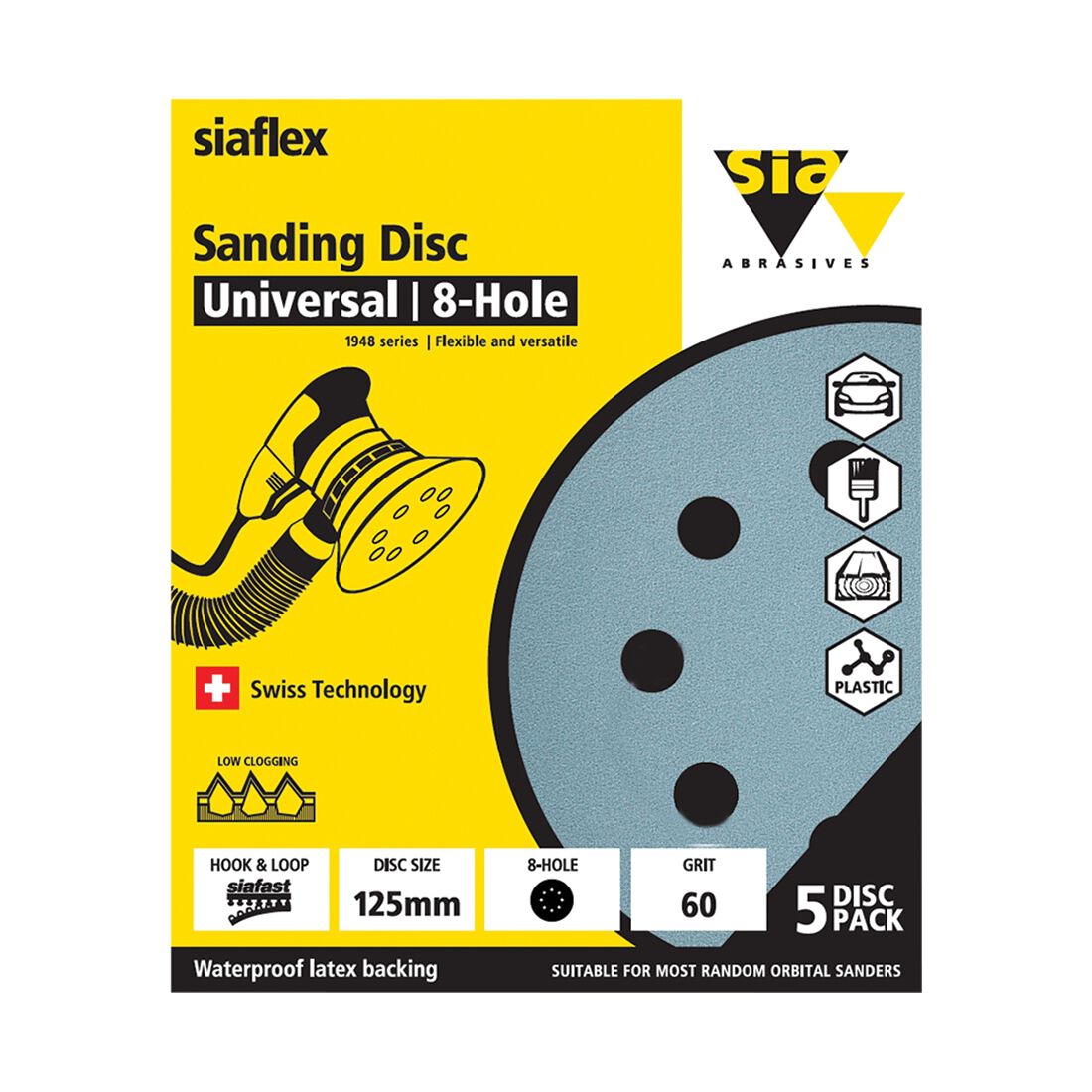 SIA Abrasives 125mm Wet & Dry Sanding Disc, 1948 Series, 8 Hole, 60 Grit, 5 Pack, , scaau_hi-res