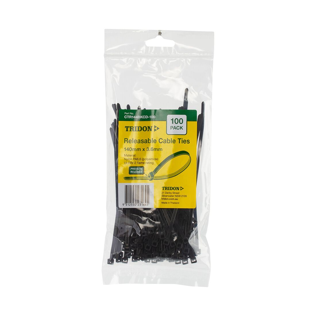 Tridon Releasable Cable Ties, Black, 140 x 3.6mm, 100 Pack - CTR144BKCD-100, , scaau_hi-res
