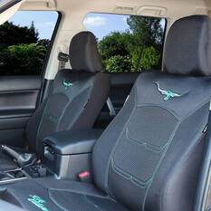 R.M.Williams Aqua Jacquard Seat Covers Black/Aqua Adjustable Headrests Airbag Compatible, , scaau_hi-res