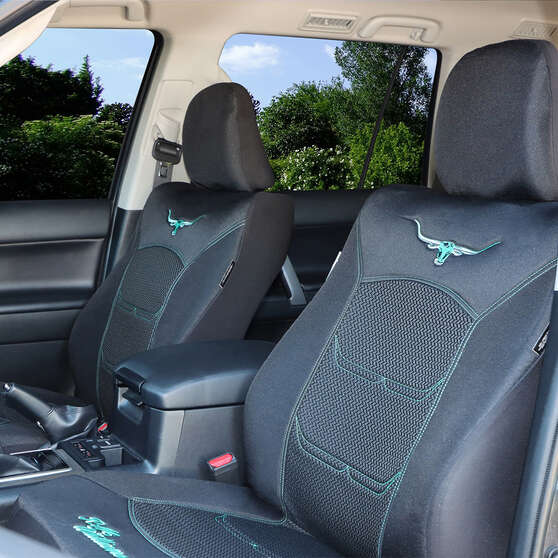 R.M.Williams Aqua Jacquard Seat Covers Black/Aqua Adjustable Headrests Airbag Compatible, , scaau_hi-res