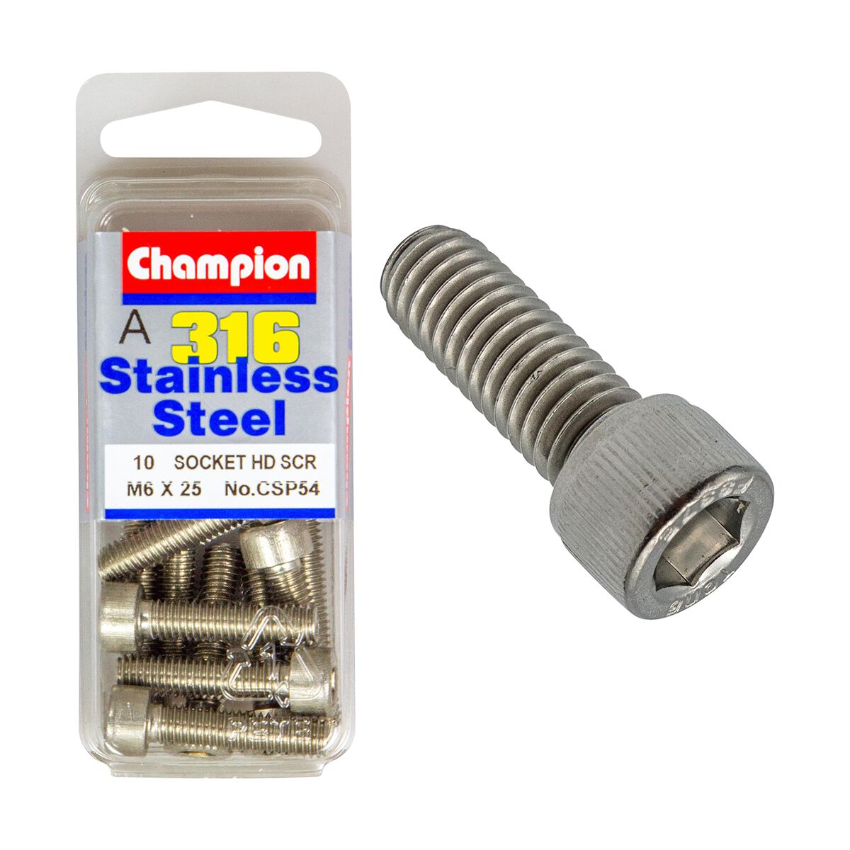 Champion Socket Head Cap Screws Stainless Steel M6x25mm 316/A4, , scaau_hi-res