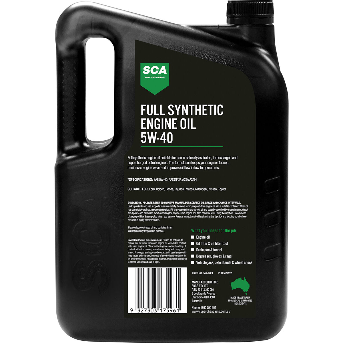 SCA Full Synthetic Engine Oil 5W-40 A3/B4 5 Litre, , scaau_hi-res