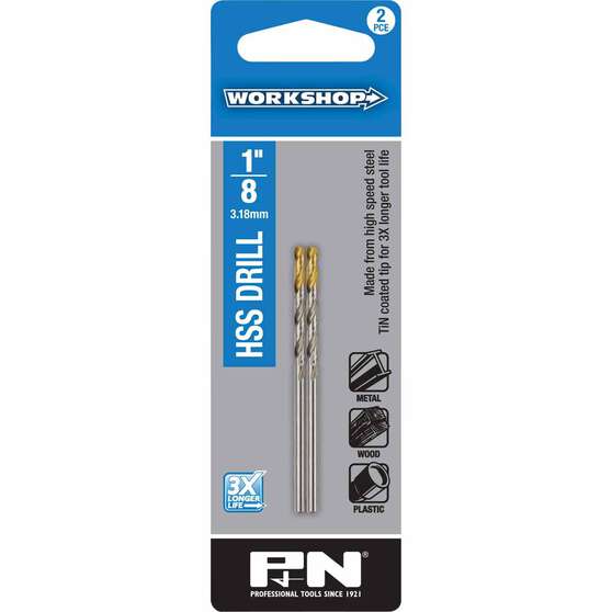 P&N Workshop Drill Bit HSS Tin Tipped 1/8 Inch 2 Pack, , scaau_hi-res