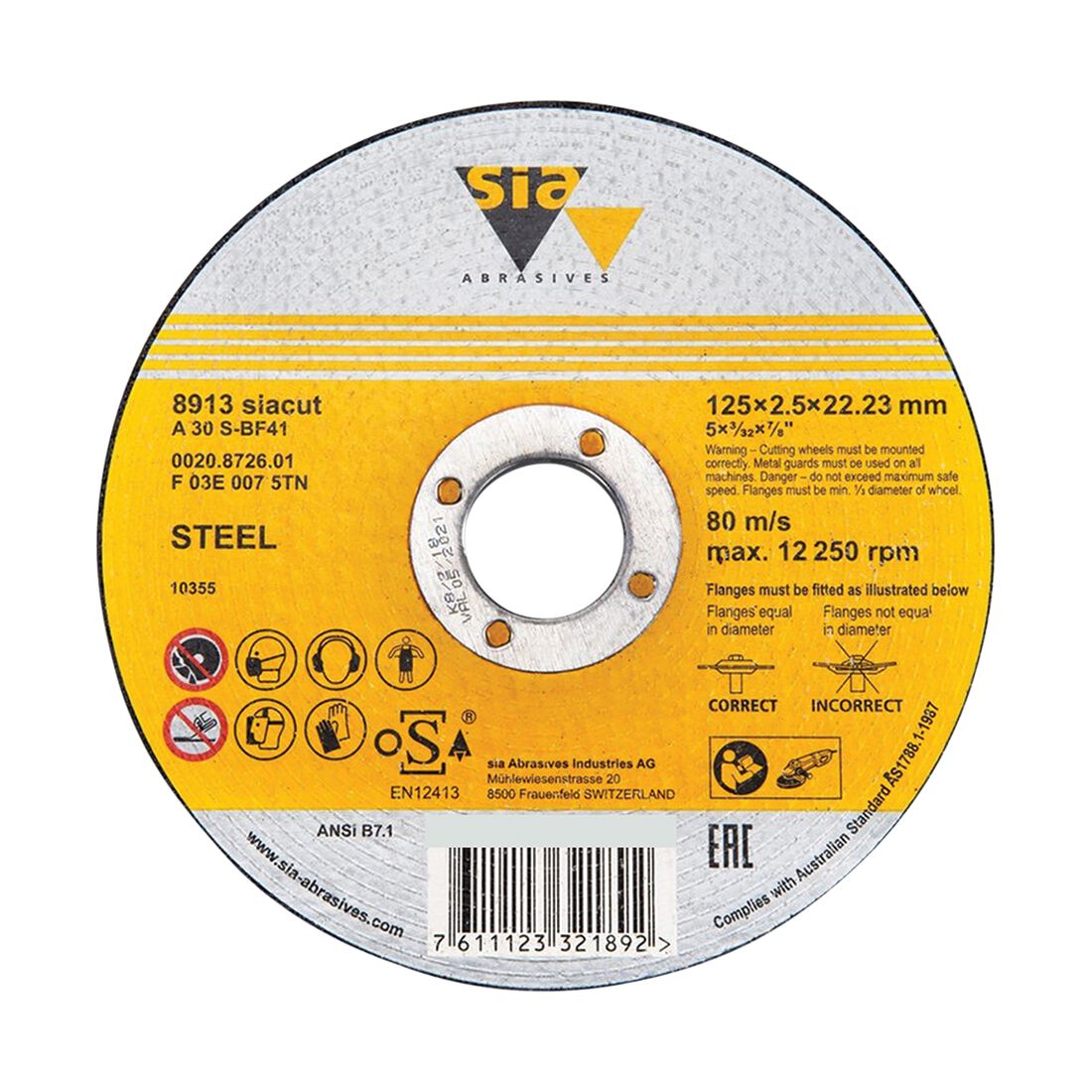 SIA Abrasives Metal Cutting Disc, 8913 Series, 125X25X22.2mm, Steel Bonded, , scaau_hi-res
