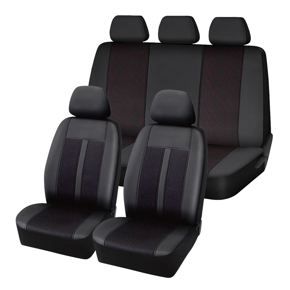 SCA Black/Red Premium Jacquard & Leather Look Seat Cover Set
