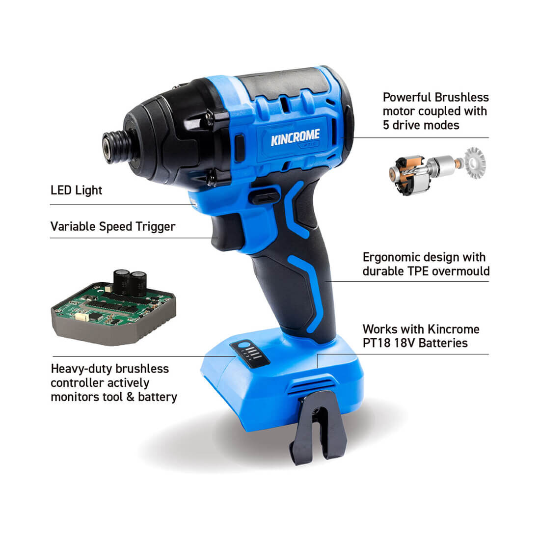 Kincrome PT18 18V 2 Piece Brushless Hammer Drill & Impact Driver Kit 2.0Ah, , scaau_hi-res