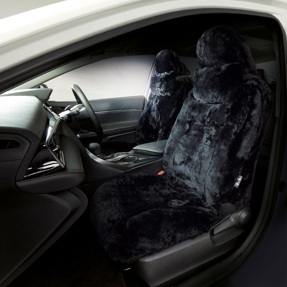Platinum CLOUDLUX Sheepskin Seat Covers - Black Built-in Headrests Size 60 Front Pair Airbag Compatible, , scaau_hi-res