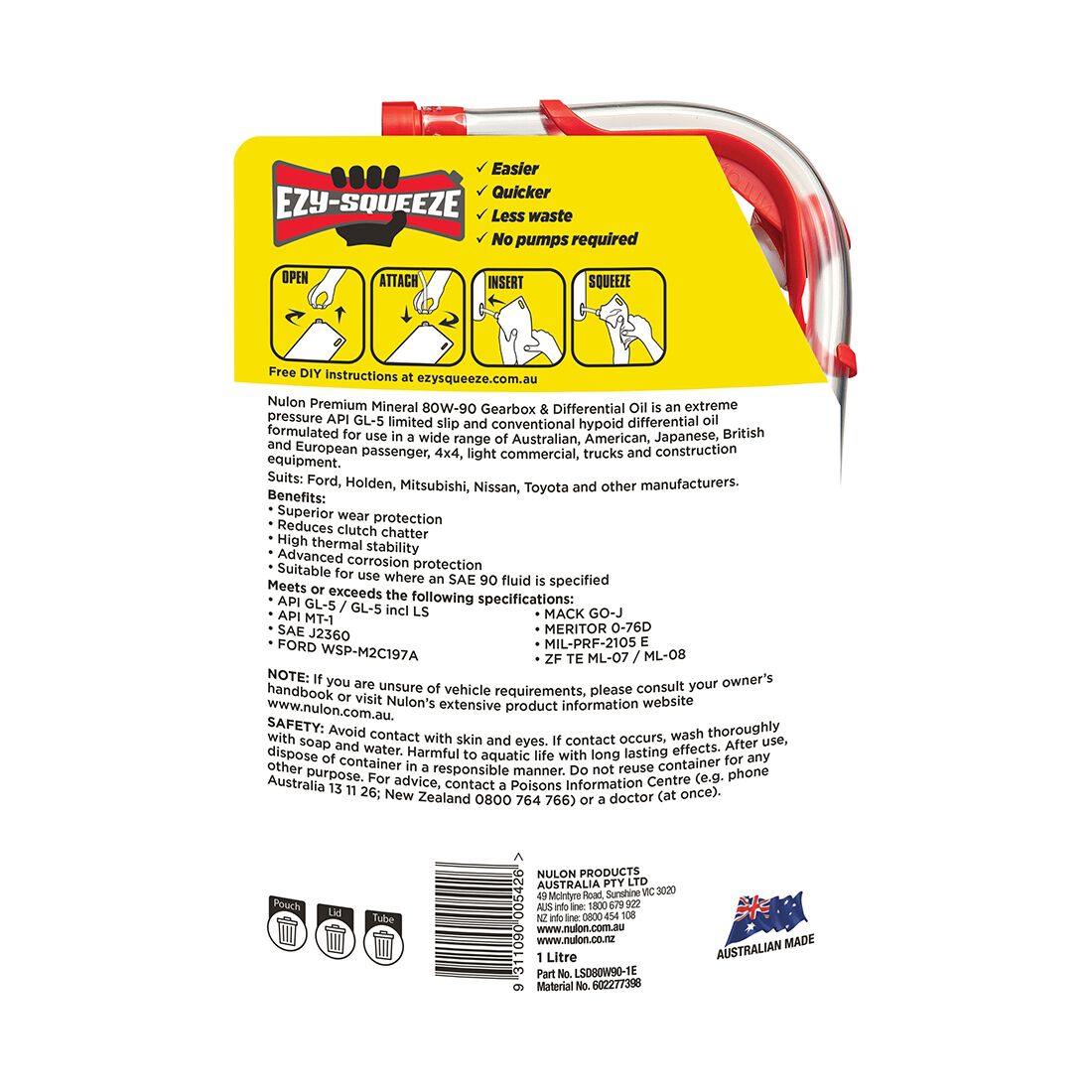 NULON EZY-SQUEEZE Gearbox & Differential Oil - 80W-90, 1 Litre, , scaau_hi-res