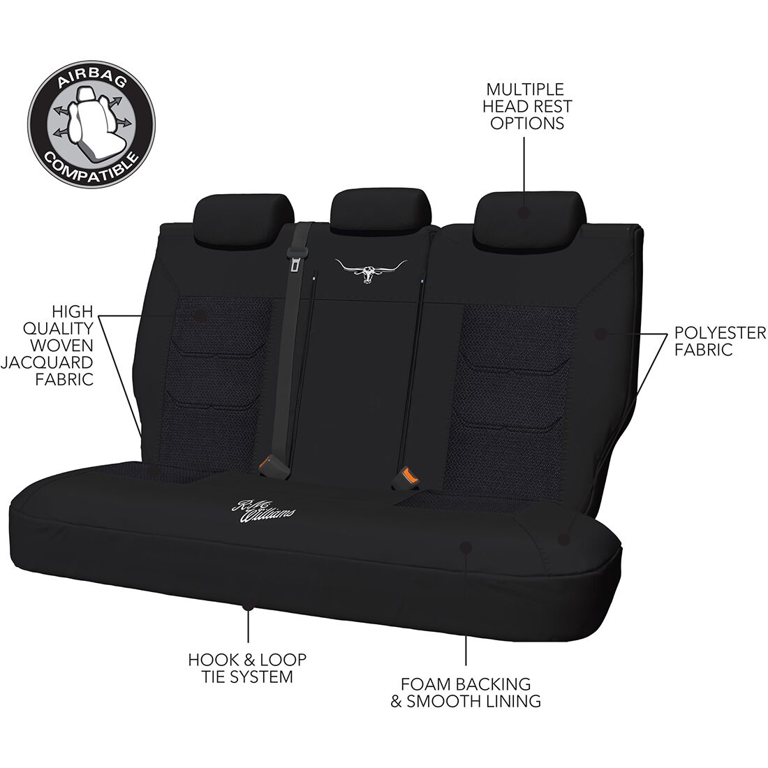 R.M.Williams Woven Seat Covers Black Adjustable Headrests Size 06H Rear Seat, , scaau_hi-res