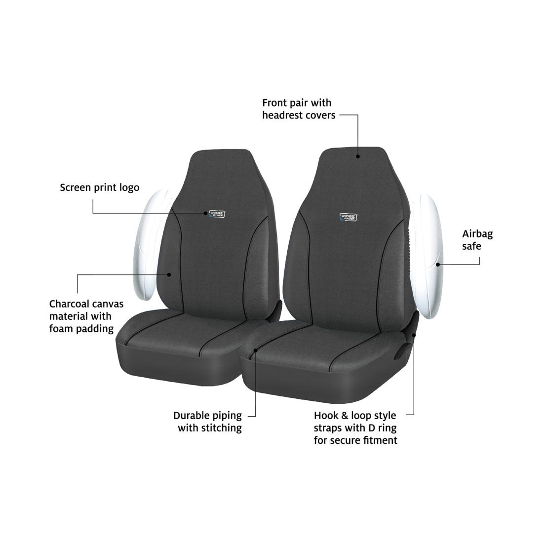 Ridge Ryder Canvas Seat Covers Charcoal/Black Piping Built-In Headrests Airbag Compatible 60SAB, , scaau_hi-res