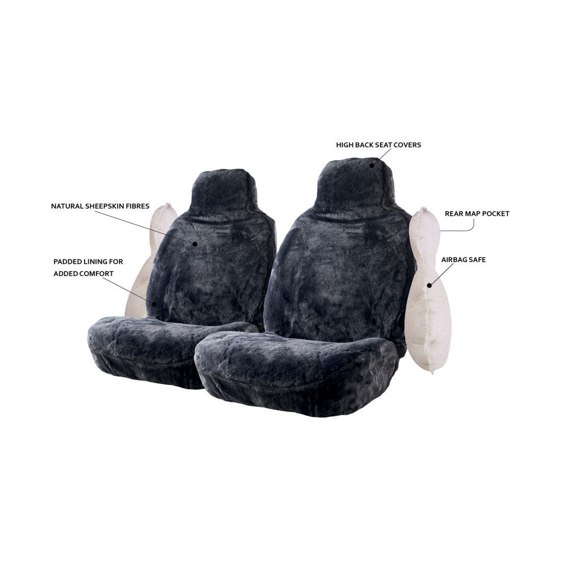 Gold CLOUDLUX Sheepskin Seat Covers - Slate Built-in Headrests Size 60 Front Pair Airbag Compatible, , scaau_hi-res