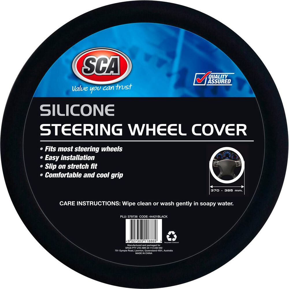 SCA Steering Wheel Cover - Silicone, Black, 380mm diameter | Supercheap