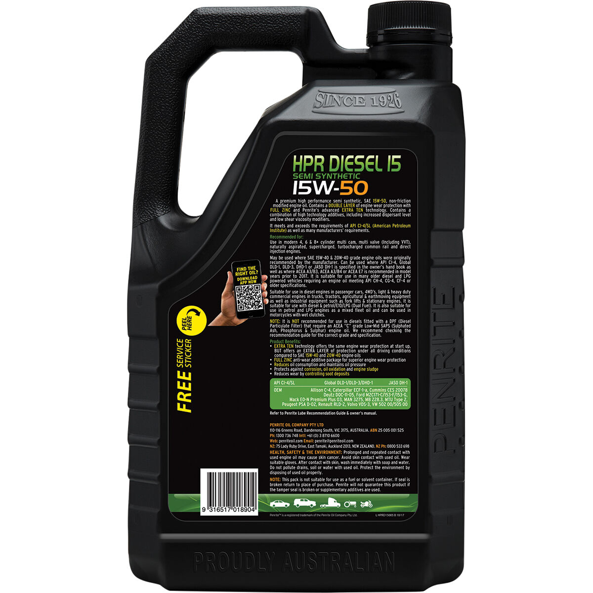 Penrite HPR Diesel 15 Engine Oil - 15W-50, 5 Litre, , scaau_hi-res