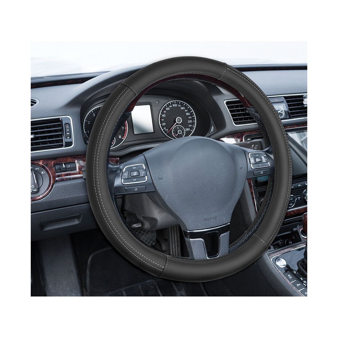 SCA Leather Look Steering Wheel Cover Black & Grey Stitch, , scaau_hi-res