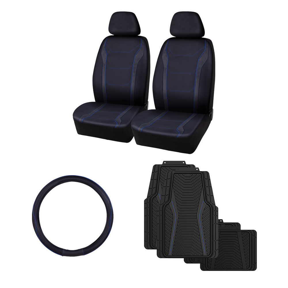 SCA Blue Leather Look and Carbon Fibre Seat Cover Bundle Supercheap Auto
