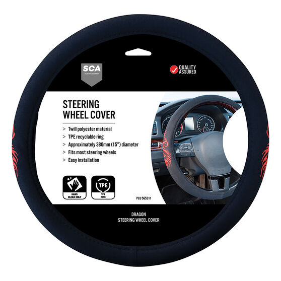 SCA Steering Wheel Cover - Dragon Twill Polyester, Black/Red, 380mm diameter, , scaau_hi-res