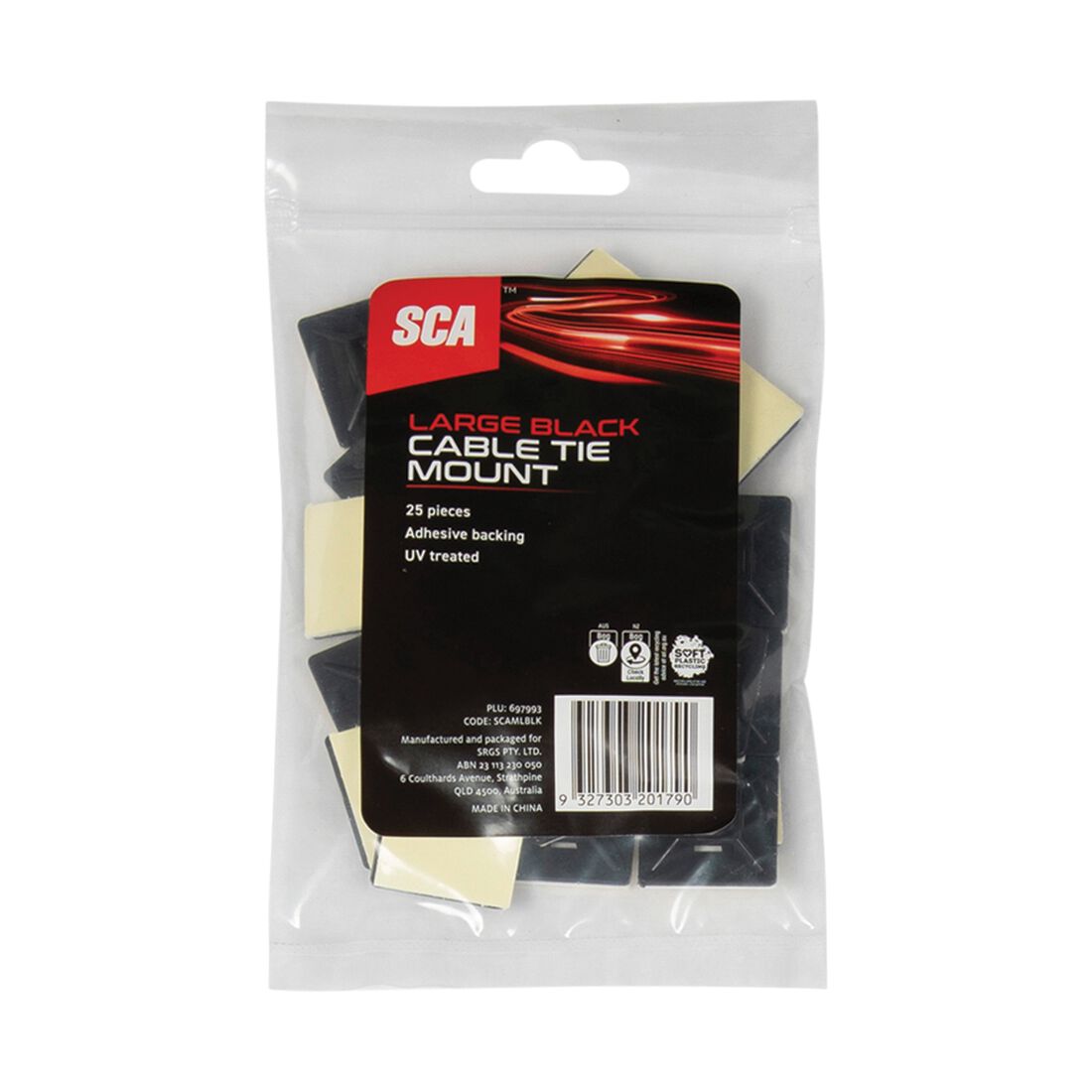 SCA Cable Tie Mounts Large 28mm x 28mm, Pack of 25, Black, , scaau_hi-res