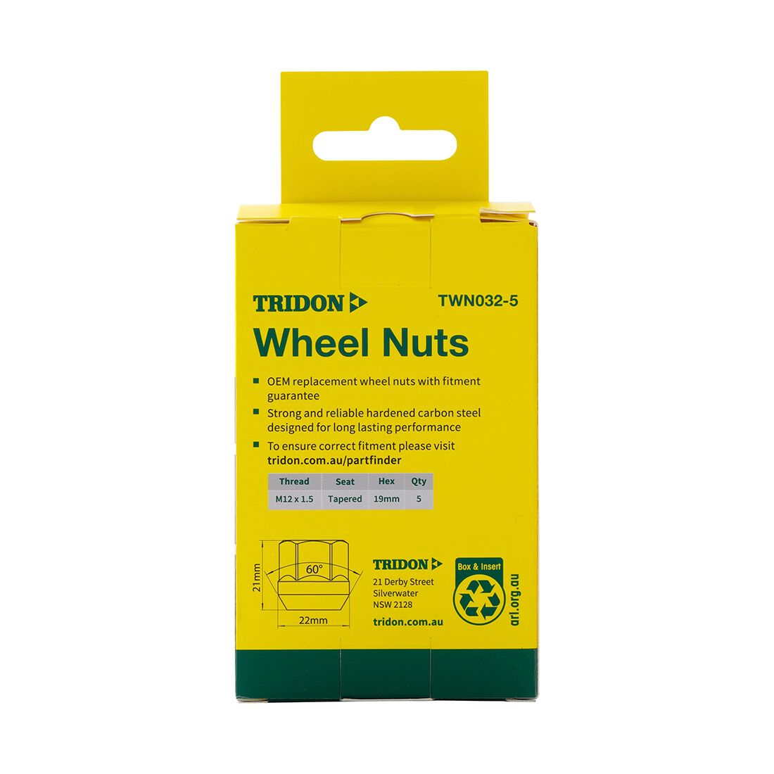 Tridon Wheel Nuts M12x1.5. Tapered Seat. Open Ended Nut. 19mm Hex, , scaau_hi-res