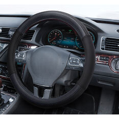 SCA Leather Look Perforated Steering Wheel Cover - Black/Blue, 380mm, , scaau_hi-res