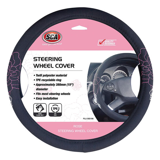 SCA Steering Wheel Cover - Rose Twill Polyester, Black / Pink, 380mm diameter, , scaau_hi-res