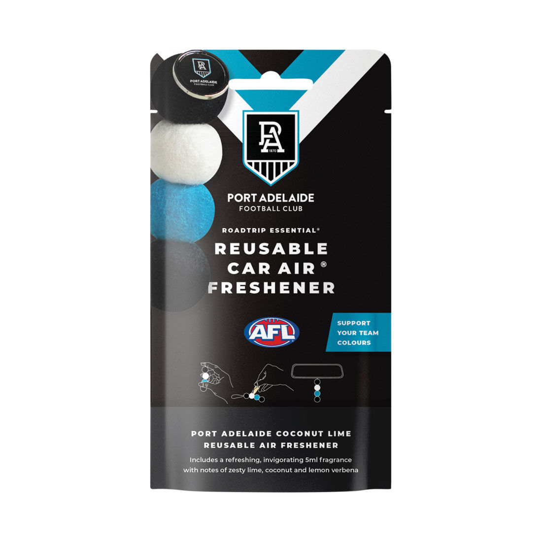 Roadtrip Essential Air Freshener Set Port Adelaide Power Coconut Lime 5ml, , scaau_hi-res