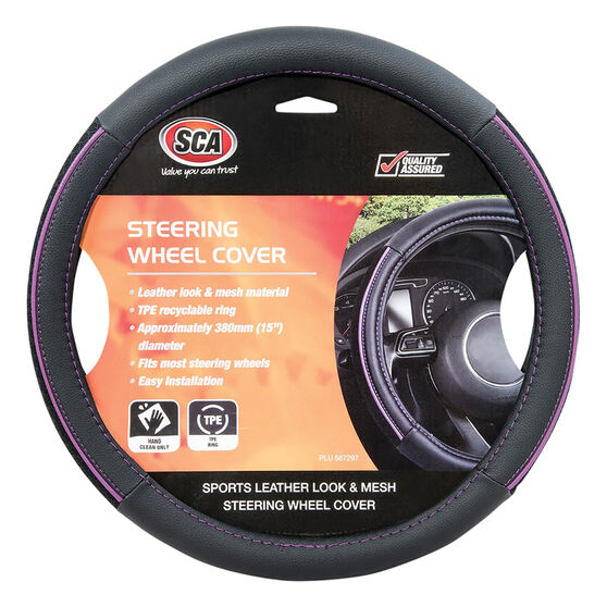 SCA Steering Wheel Cover - PU and Mesh, Black/Purple, 380mm diameter, , scaau_hi-res