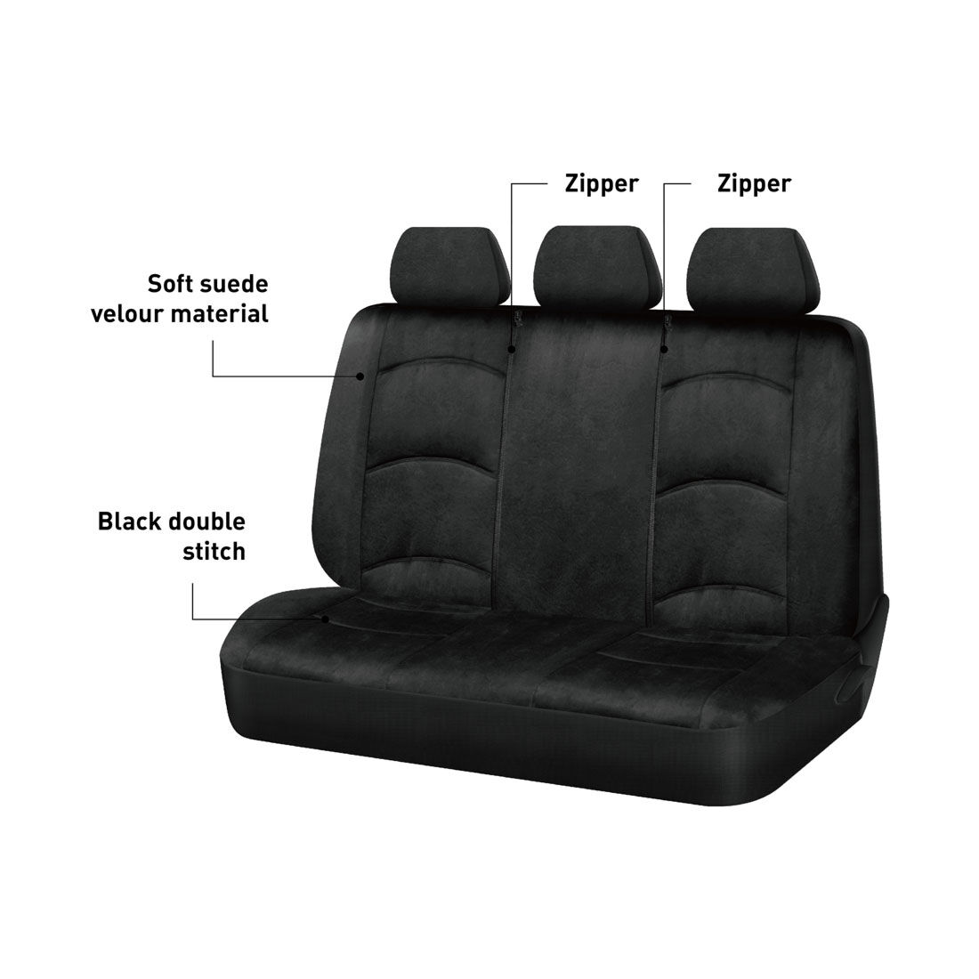SCA Suede Velour Seat Covers Black Adjustable Headrests Rear Bench 06H, , scaau_hi-res