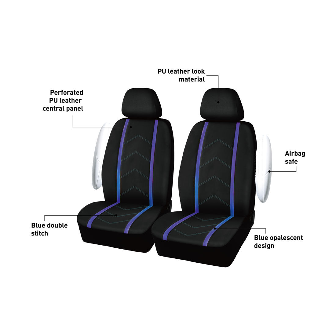 SCA Opal Leather Look Seat Covers Black/Blue Adjustable Headrests, , scaau_hi-res