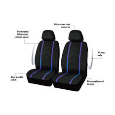 SCA Opal Leather Look Seat Covers Black/Blue Adjustable Headrests, , scaau_hi-res
