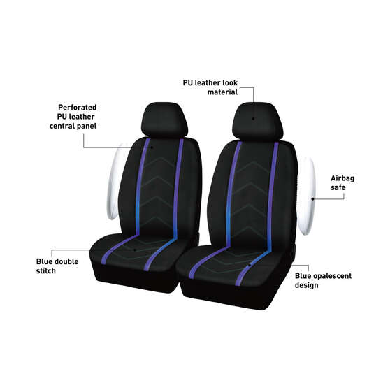 SCA Opal Leather Look Seat Covers Black/Blue Adjustable Headrests, , scaau_hi-res