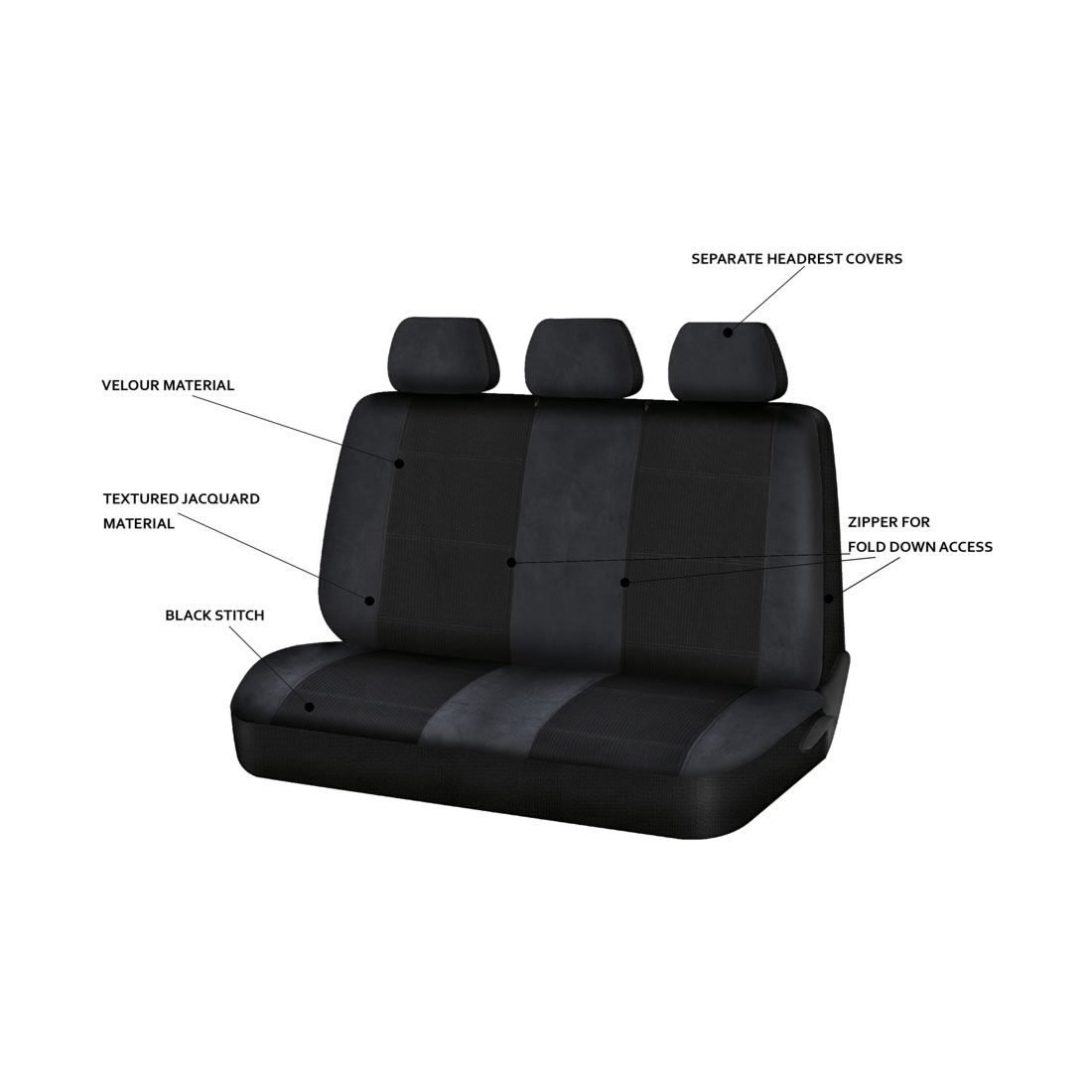 SCA Premium Jacquard and Velour Seat Covers Charcoal Rear Seat Size Adjustable Zips 06H, , scaau_hi-res