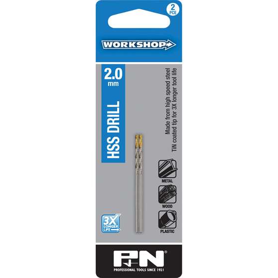 P&N Workshop Drill Bit HSS Tin Tipped 2.0mm 2 Pack, , scaau_hi-res