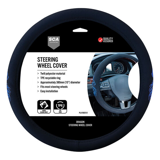 SCA Steering Wheel Cover - Dragon Twill Polyester, Black/Blue, 380mm diameter, , scaau_hi-res