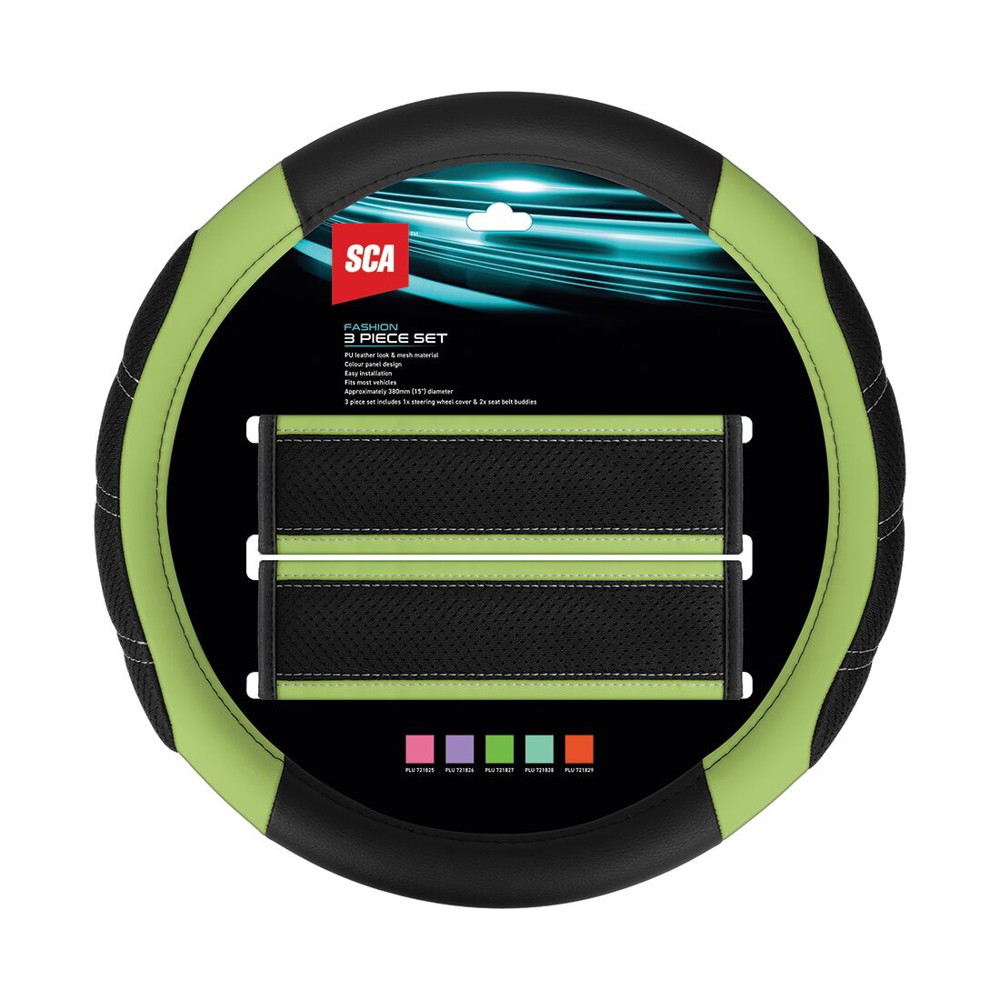 SCA Steering Wheel Cover & Seat Belt Buddie Set Lime Green, , scaau_hi-res