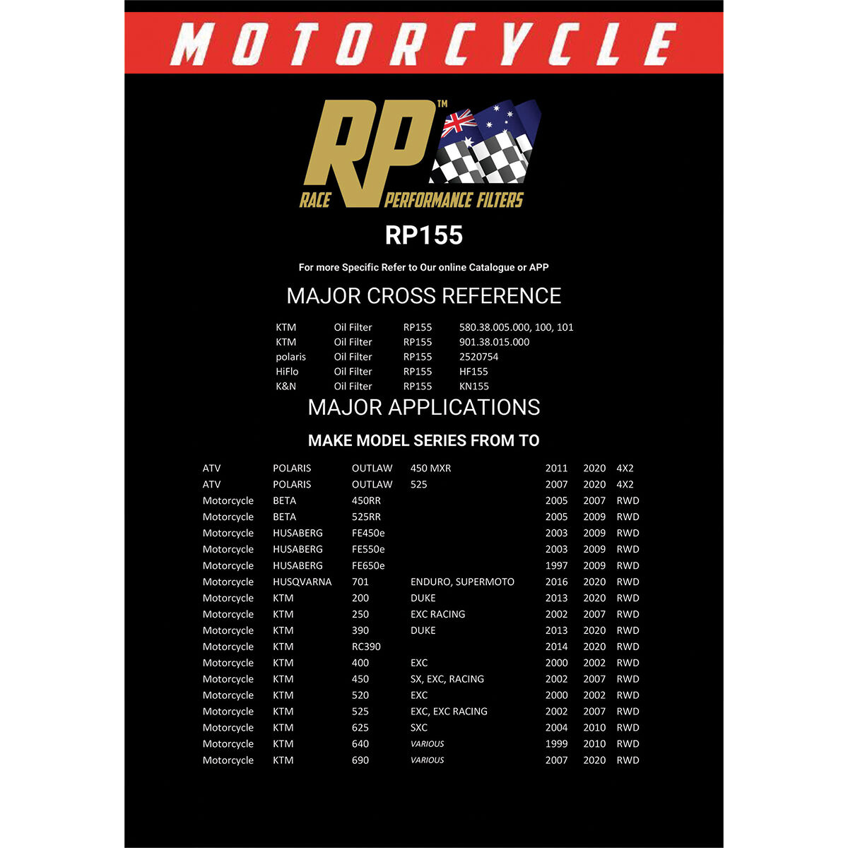 Race Performance Motorcycle Oil Filter RP155, , scaau_hi-res