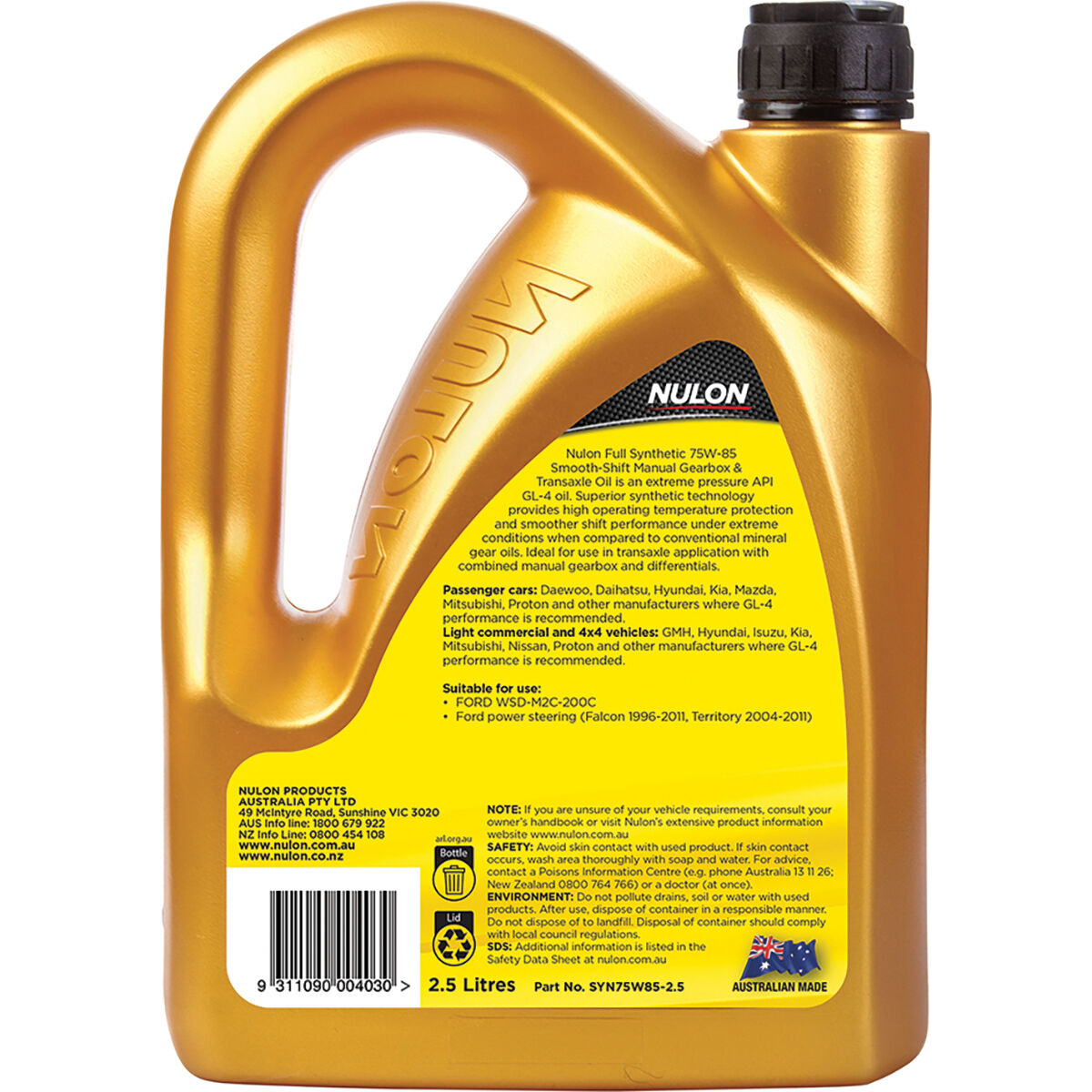 Nulon Gear Oil 75W-85 Full Synthetic 2.5 Litre, , scaau_hi-res