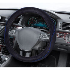 SCA Steering Wheel Cover Leather Look & Carbon Black/Blue 380mm Diameter, , scaau_hi-res
