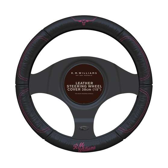 R.M.Williams Jillaroo Steering Wheel Cover - Leather, Black and Pink, 380mm diameter, , scaau_hi-res